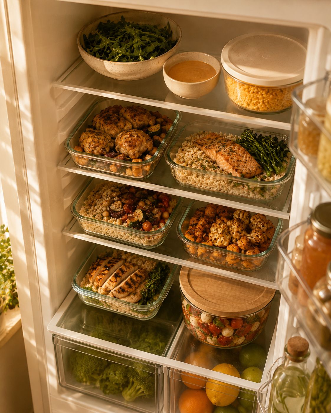 Frigo organisé après un batch EXQUILO : trois jours de repas complets prêts à assembler