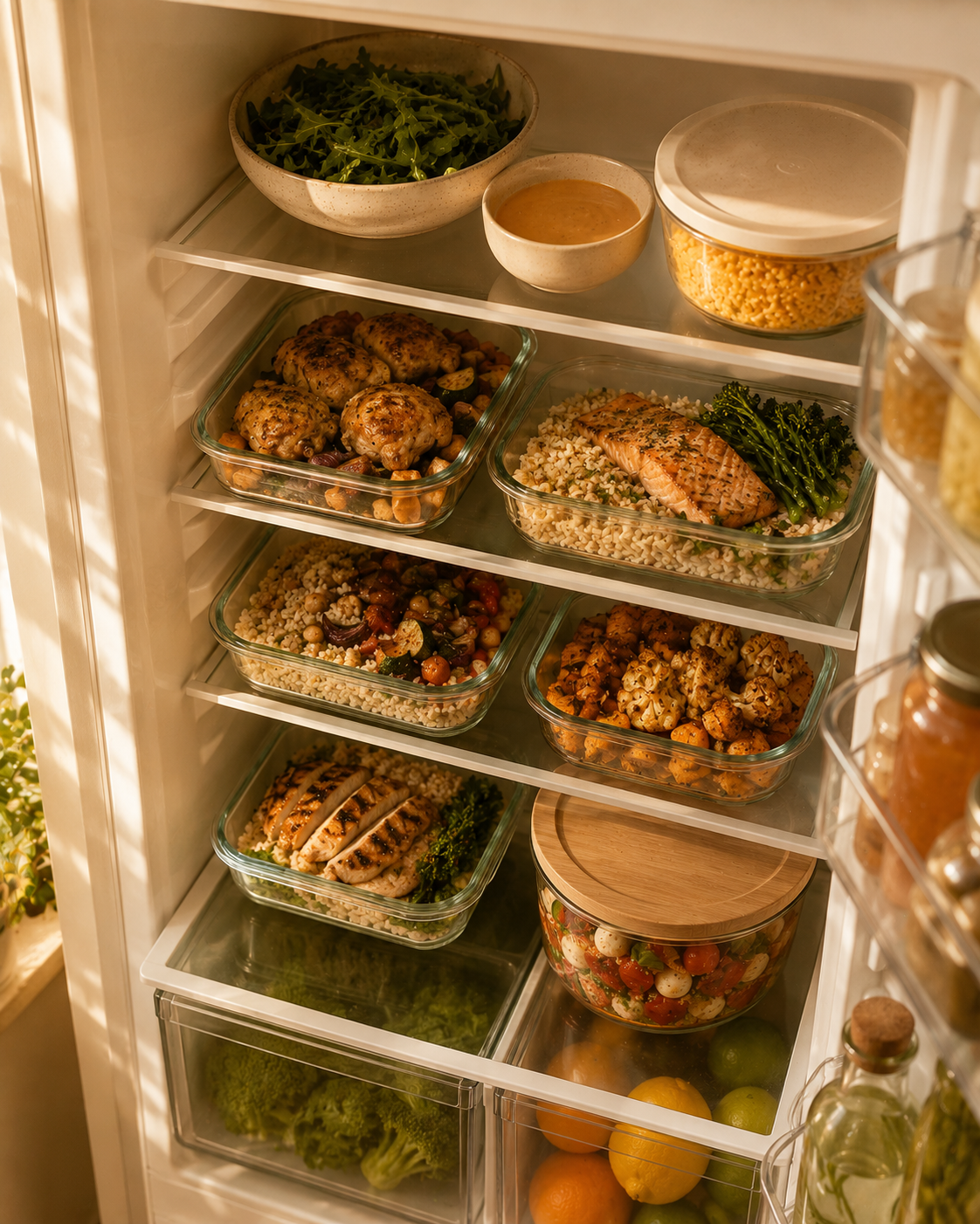 Frigo organisé après un batch EXQUILO — 6 repas prêts pour 3 jours