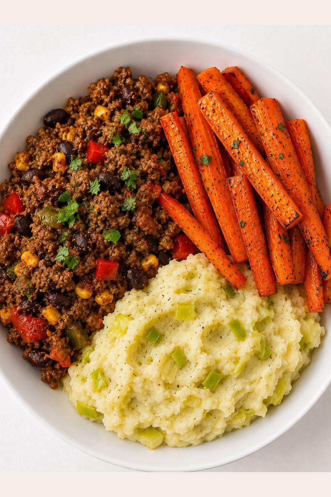Bœuf tex-mex, carottes rôties au cumin et purée pomme de terre & poireau