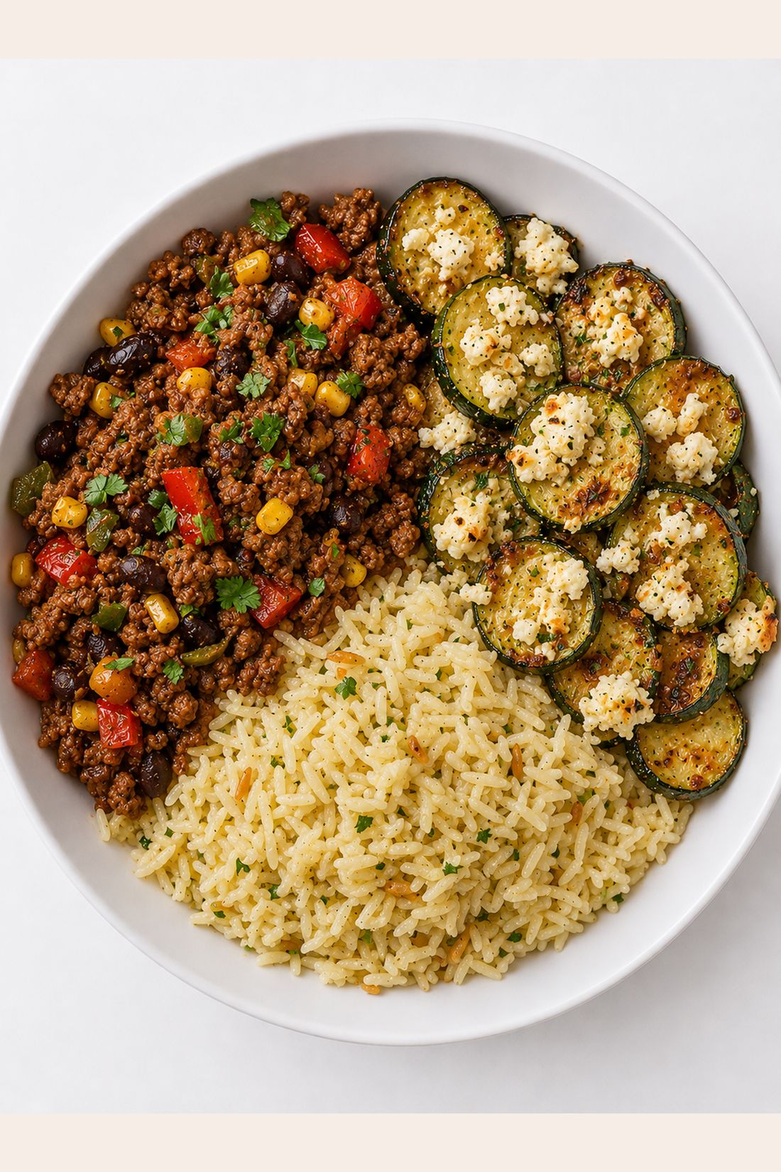 Bœuf tex-mex, courgettes gratinées à la feta et riz pilaf