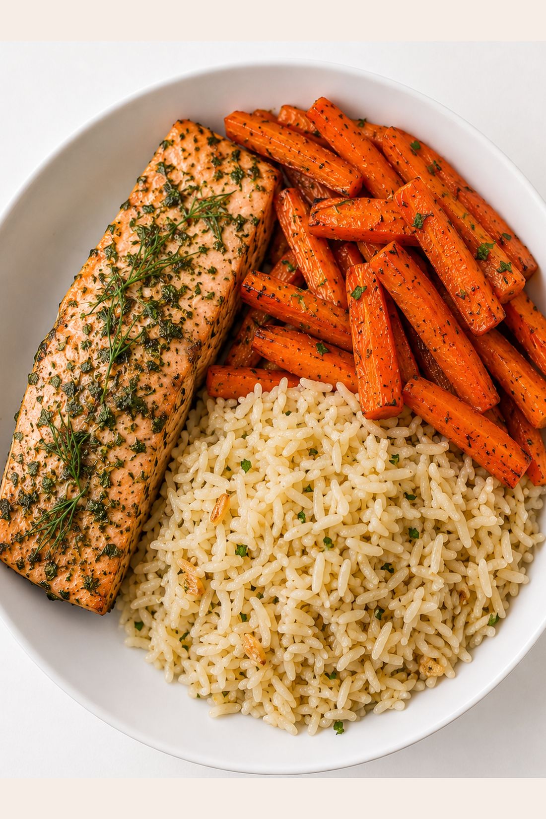 Saumon aux herbes, carottes rôties au cumin et riz pilaf